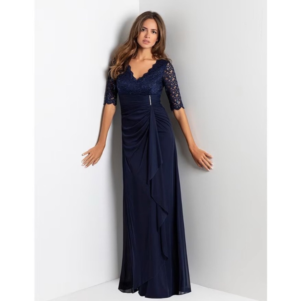 Betsy & Adam Navy Lace Sequin Bodice Gown with Cascade Skirt – Size 14W